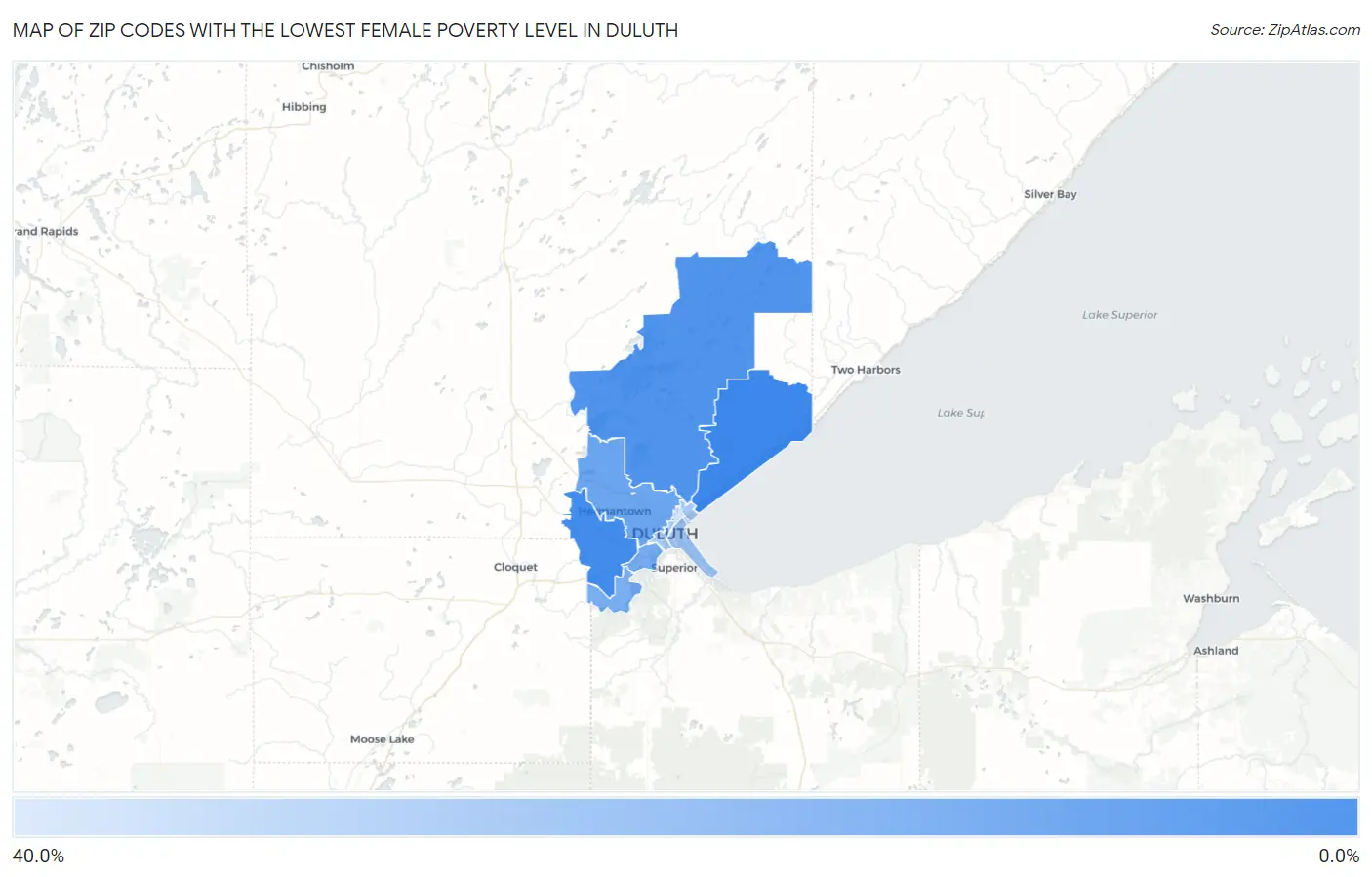 Zip Codes with the Lowest Female Poverty Level in Duluth Map