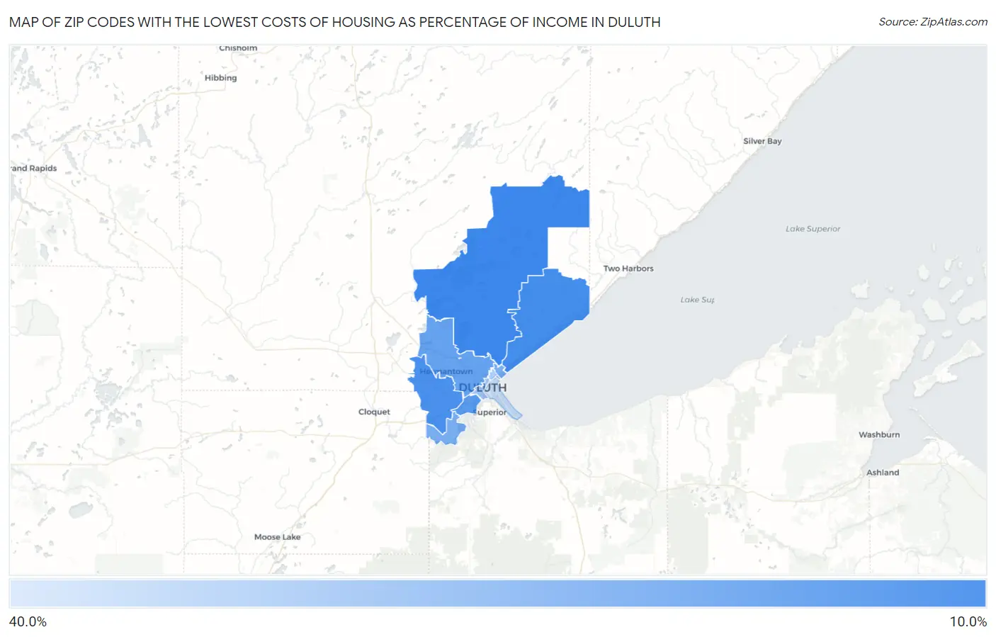 Zip Codes with the Lowest Costs of Housing as Percentage of Income in Duluth Map