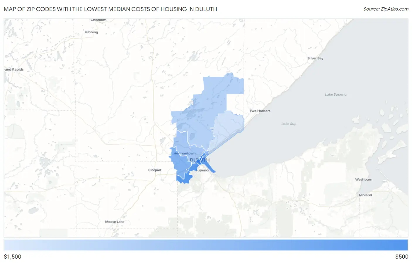 Zip Codes with the Lowest Median Costs of Housing in Duluth Map