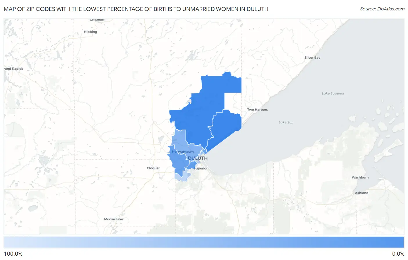 Zip Codes with the Lowest Percentage of Births to Unmarried Women in Duluth Map