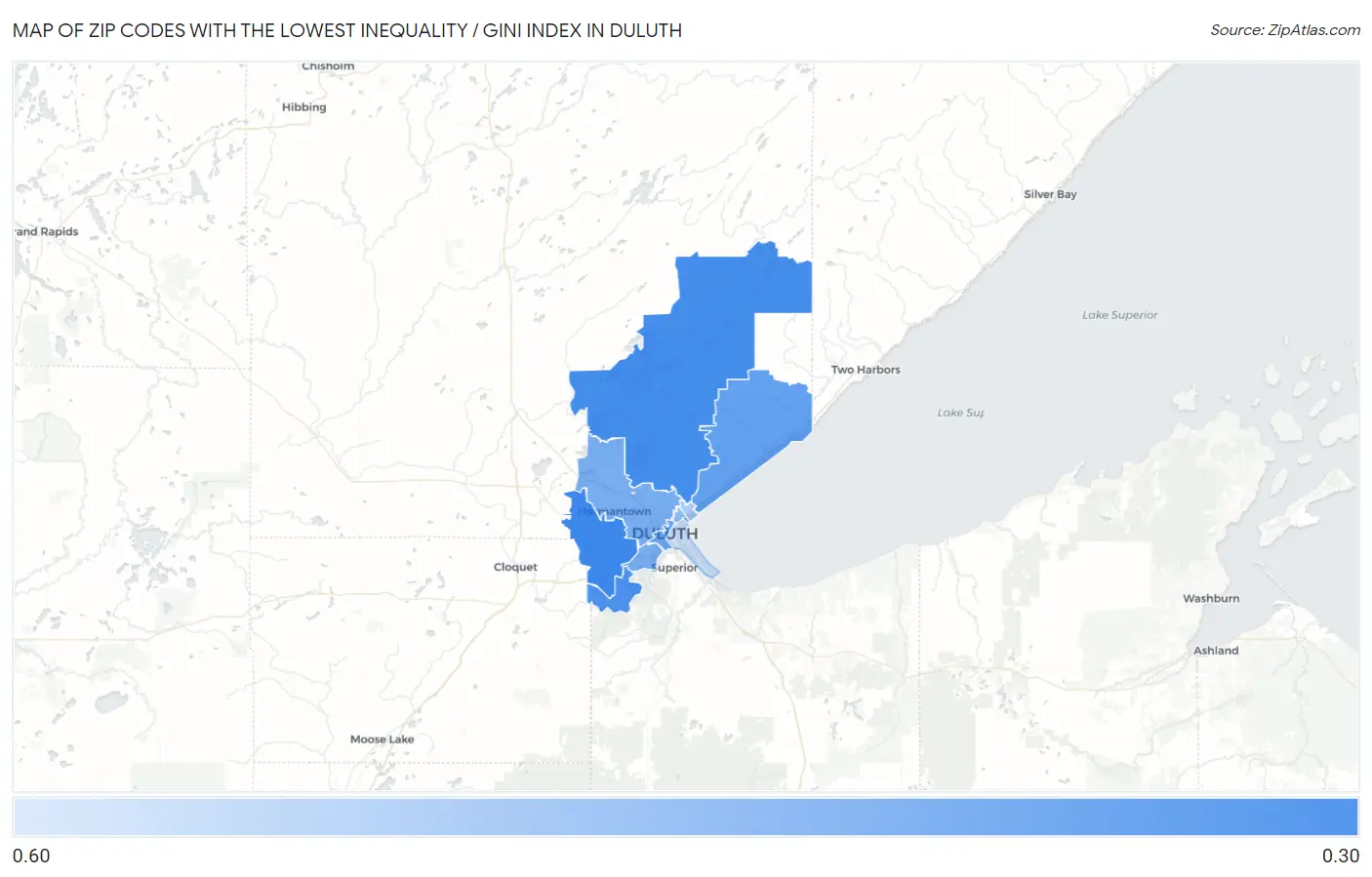 Zip Codes with the Lowest Inequality / Gini Index in Duluth Map