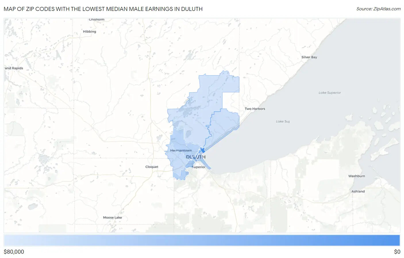 Zip Codes with the Lowest Median Male Earnings in Duluth Map