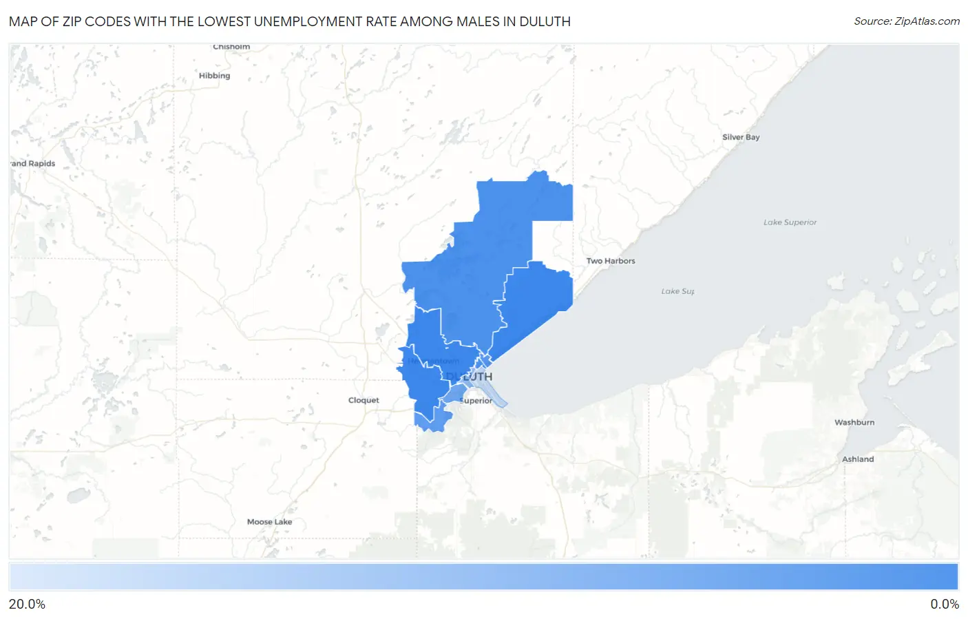 Zip Codes with the Lowest Unemployment Rate Among Males in Duluth Map