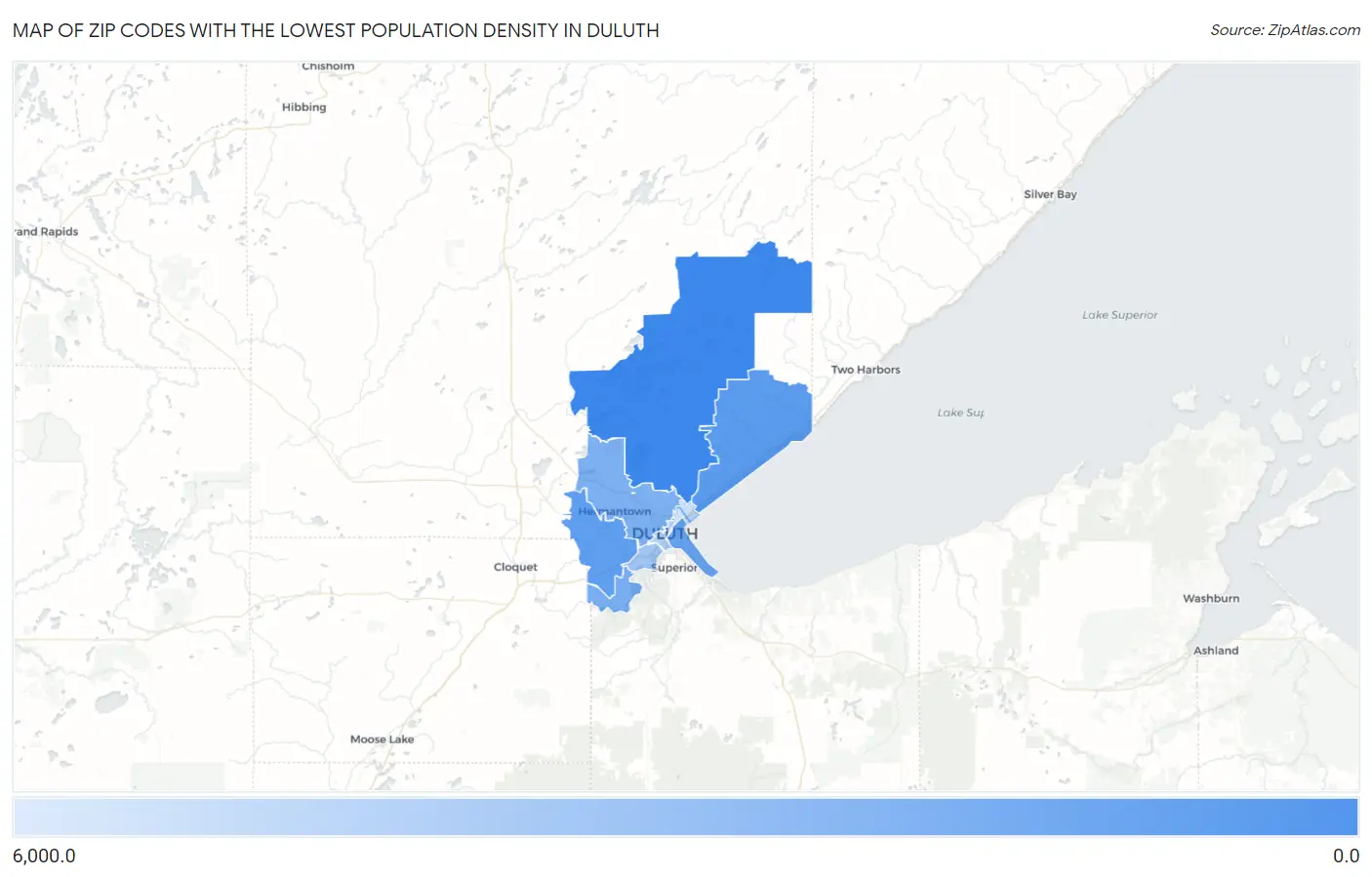 Zip Codes with the Lowest Population Density in Duluth Map