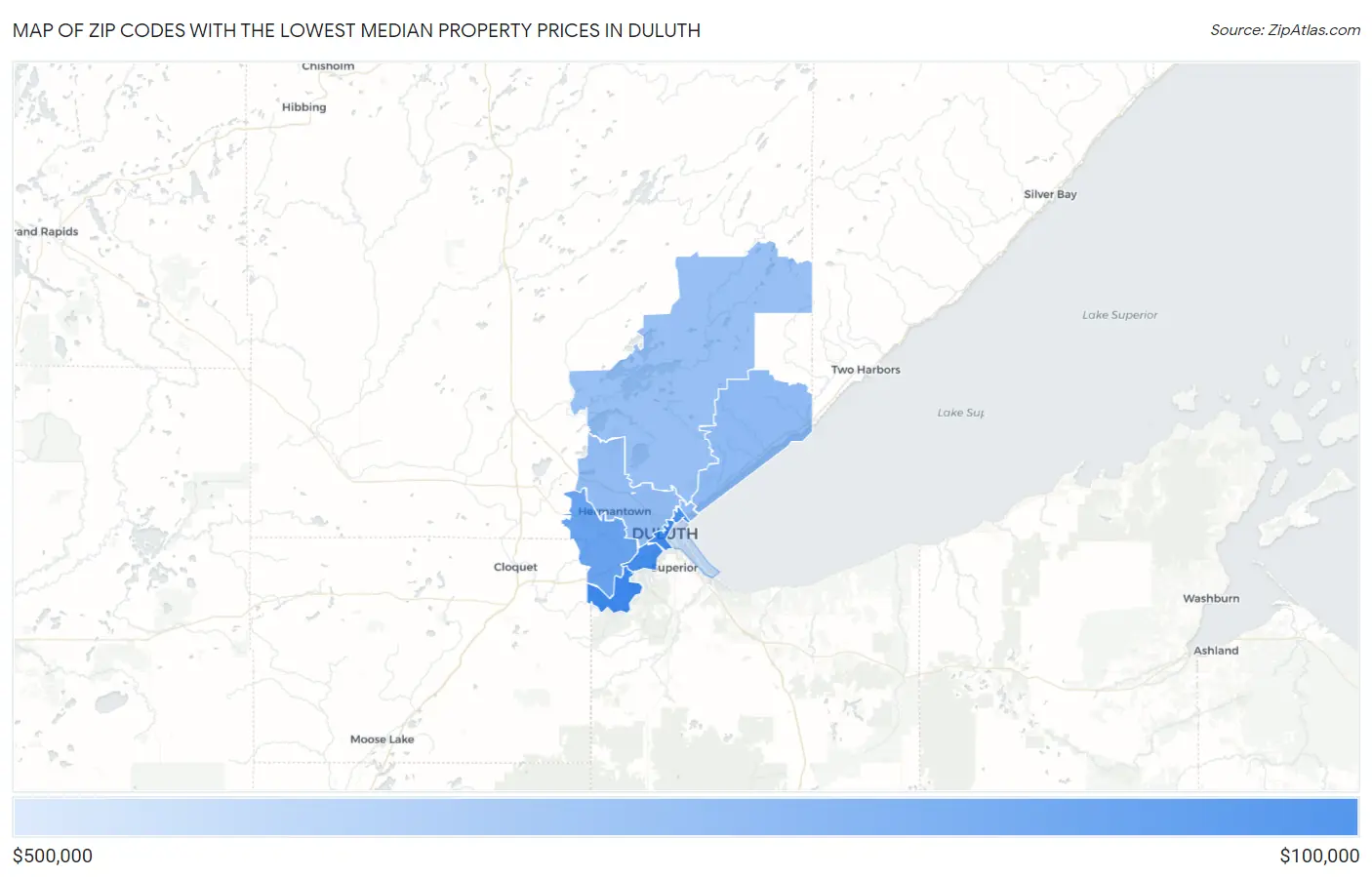 Zip Codes with the Lowest Median Property Prices in Duluth Map