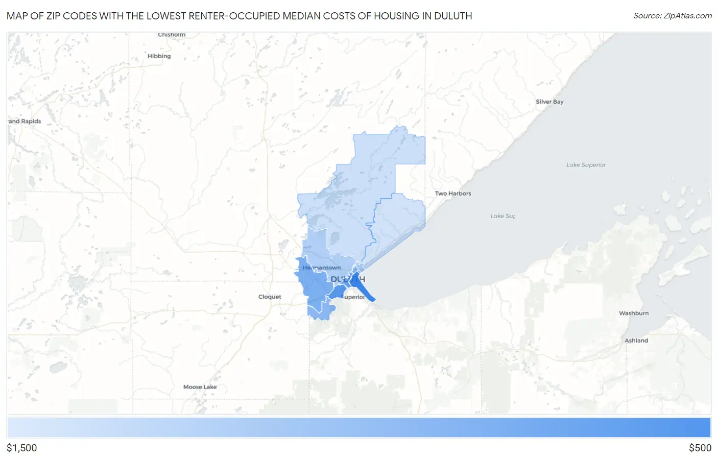 Zip Codes with the Lowest Renter-Occupied Median Costs of Housing in Duluth Map