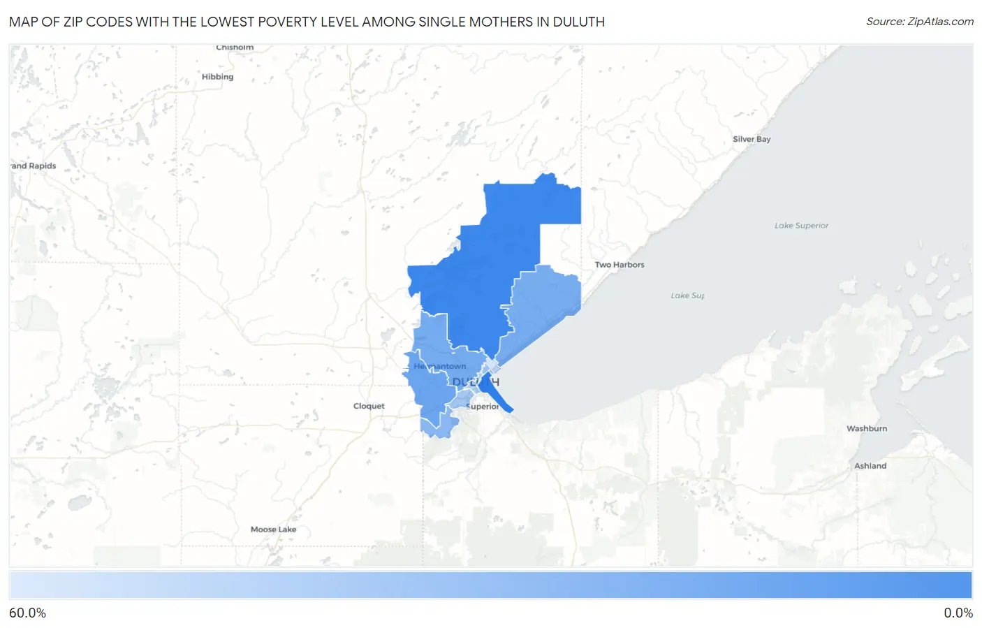Zip Codes with the Lowest Poverty Level Among Single Mothers in Duluth Map