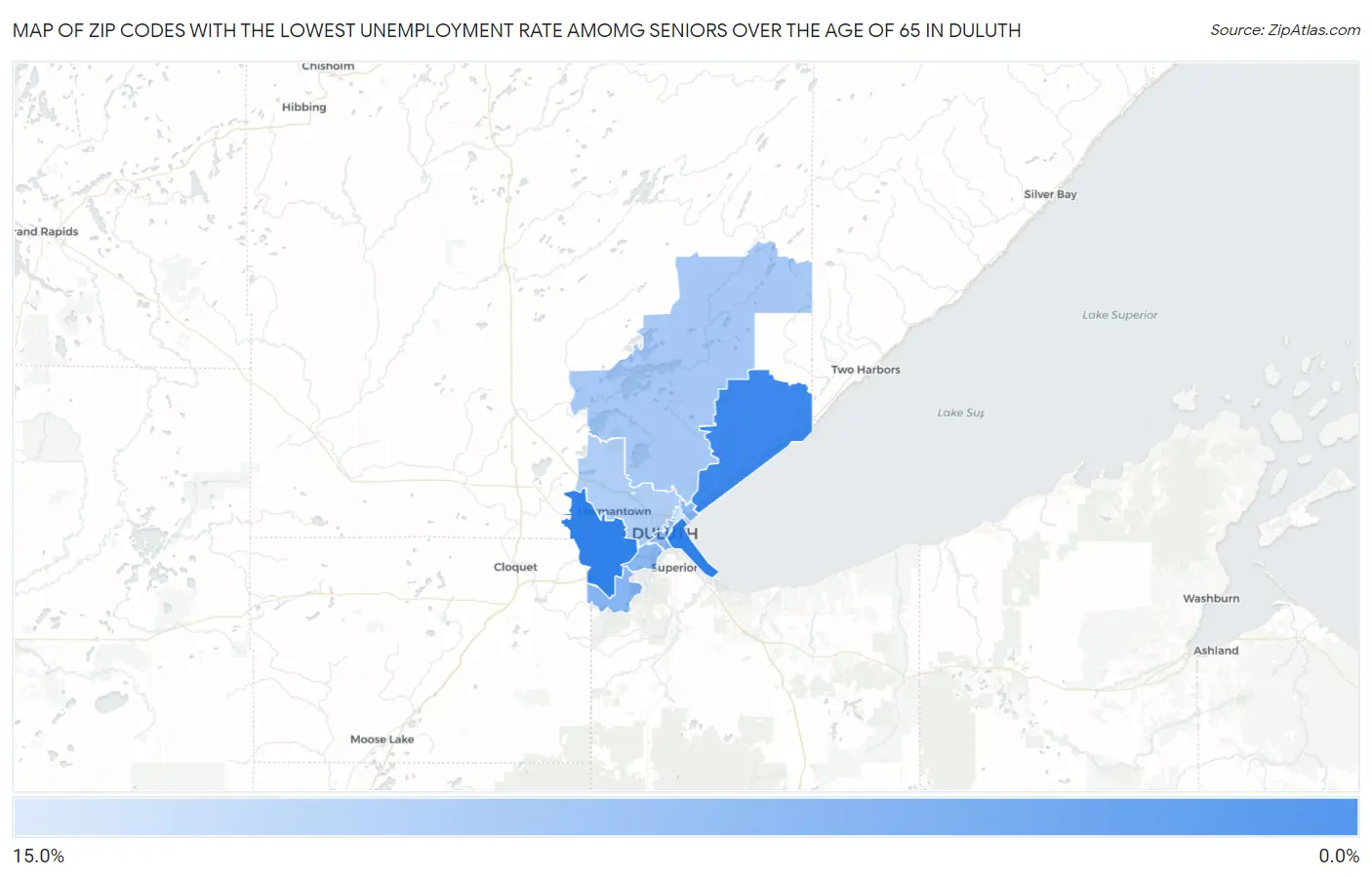Zip Codes with the Lowest Unemployment Rate Amomg Seniors Over the Age of 65 in Duluth Map