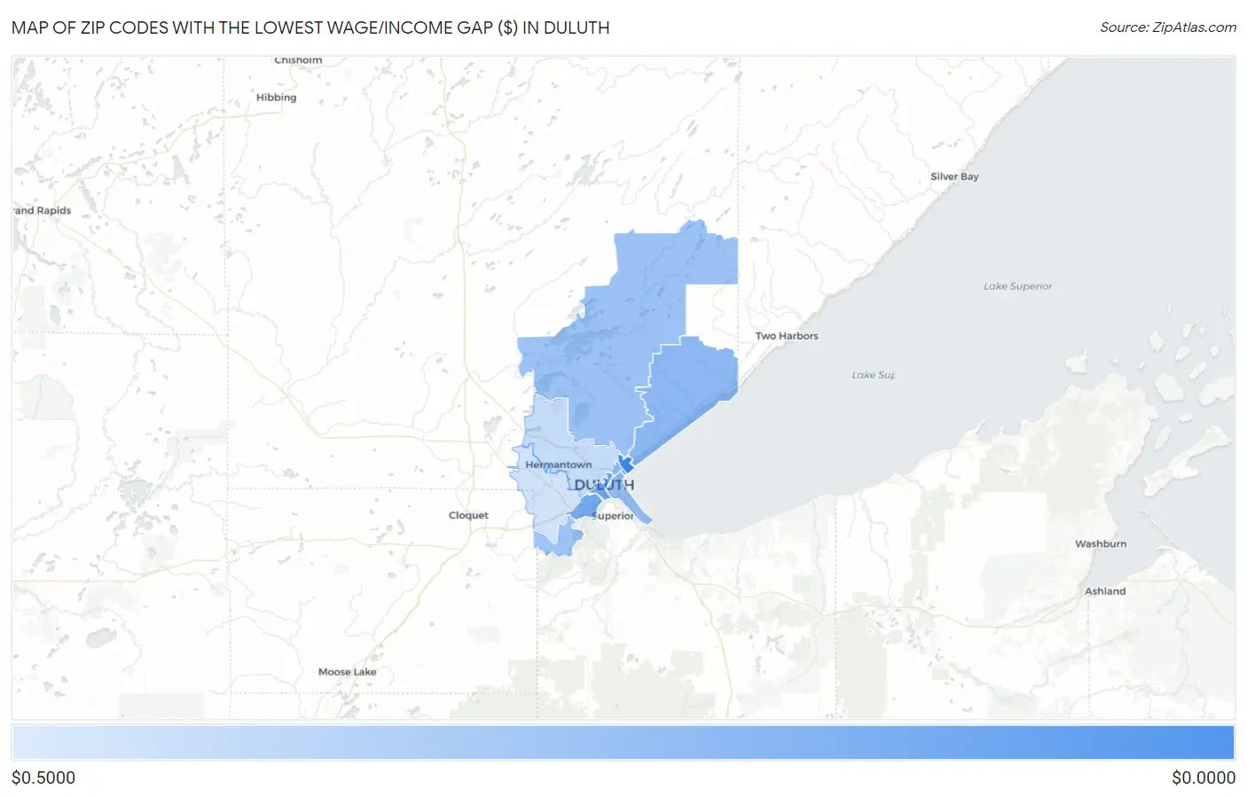 Zip Codes with the Lowest Wage/Income Gap ($) in Duluth Map