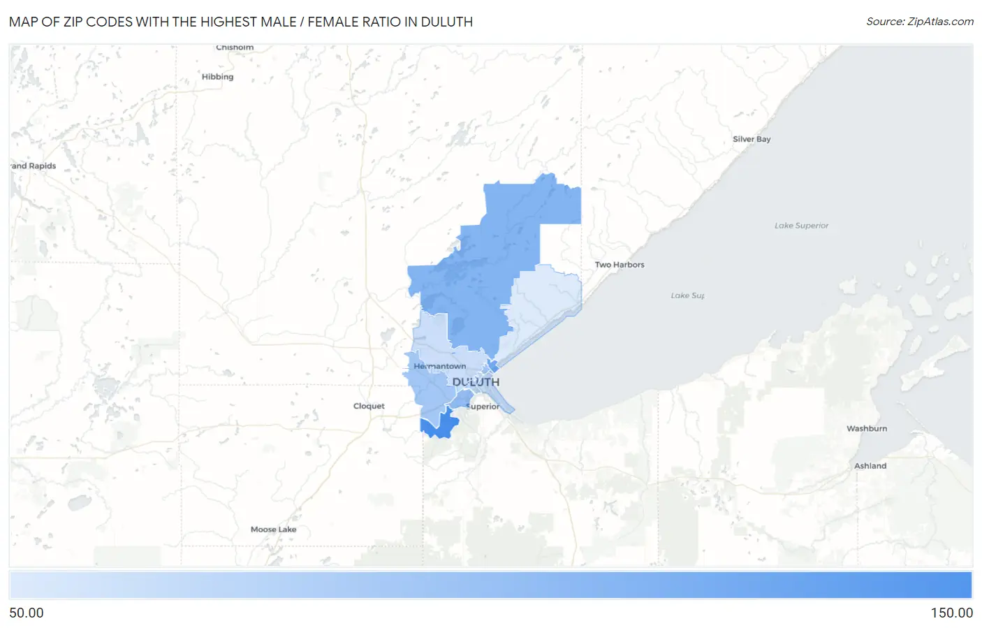 Zip Codes with the Highest Male / Female Ratio in Duluth Map