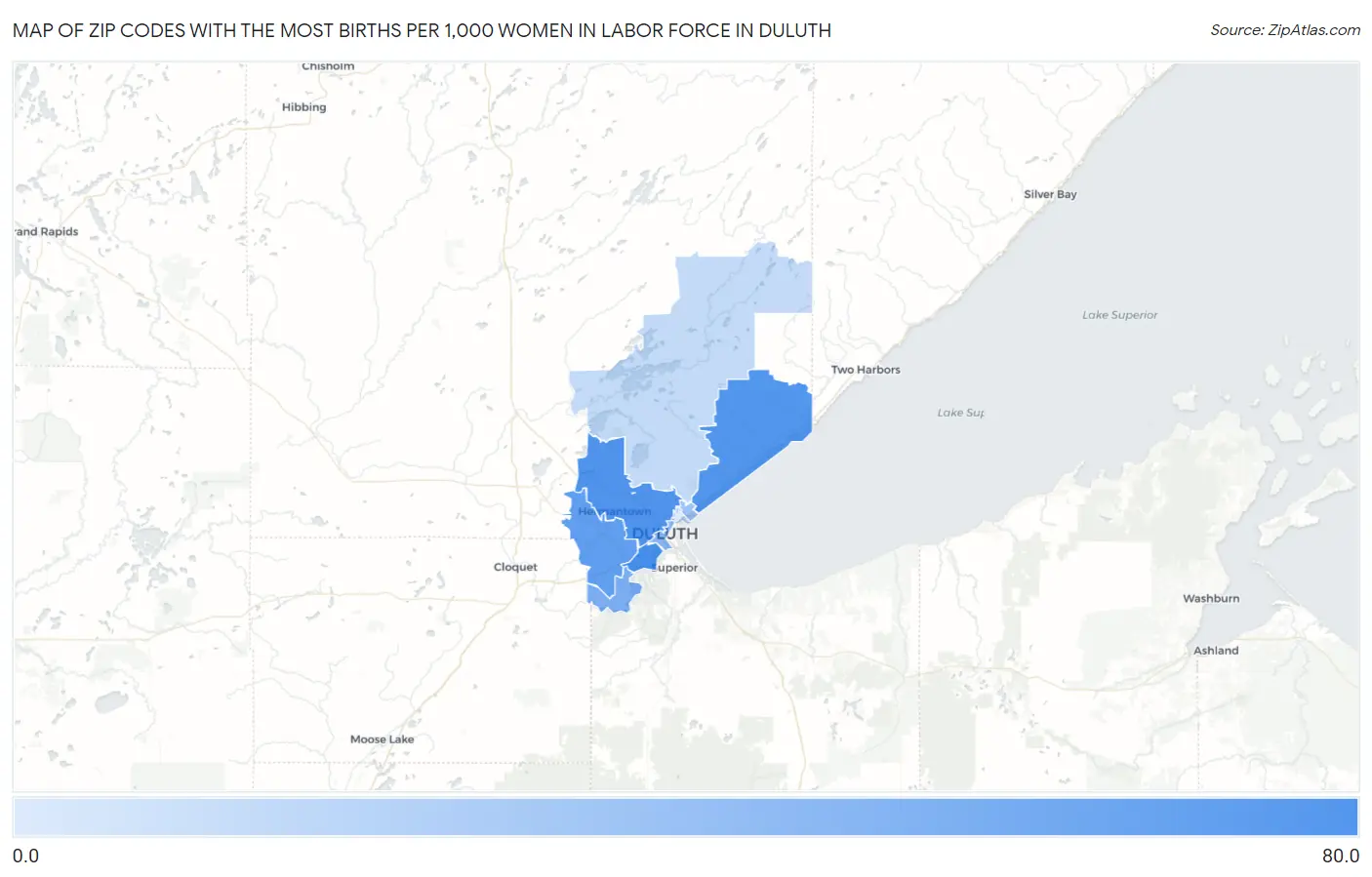 Zip Codes with the Most Births per 1,000 Women in Labor Force in Duluth Map