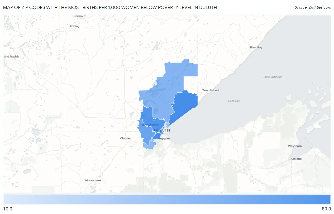 Zip Codes with the Most Births per 1,000 Women Below Poverty Level in Duluth Map
