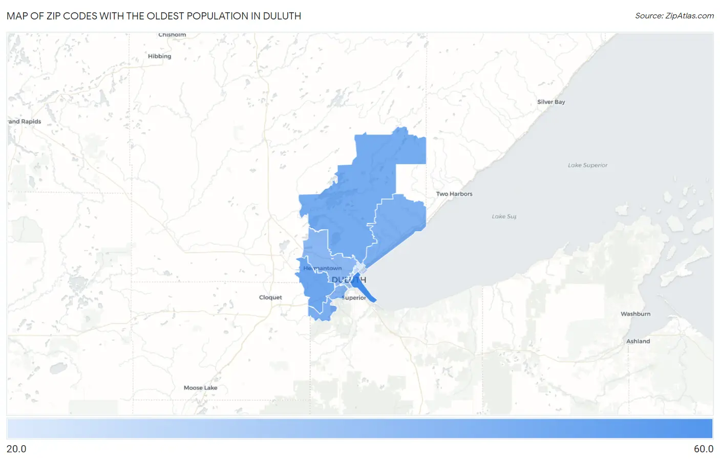 Zip Codes with the Oldest Population in Duluth Map