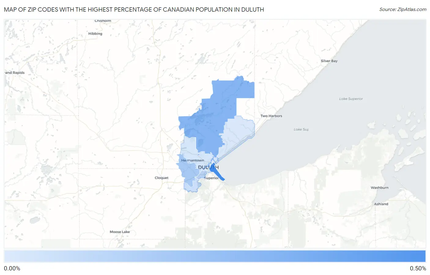 Zip Codes with the Highest Percentage of Canadian Population in Duluth Map