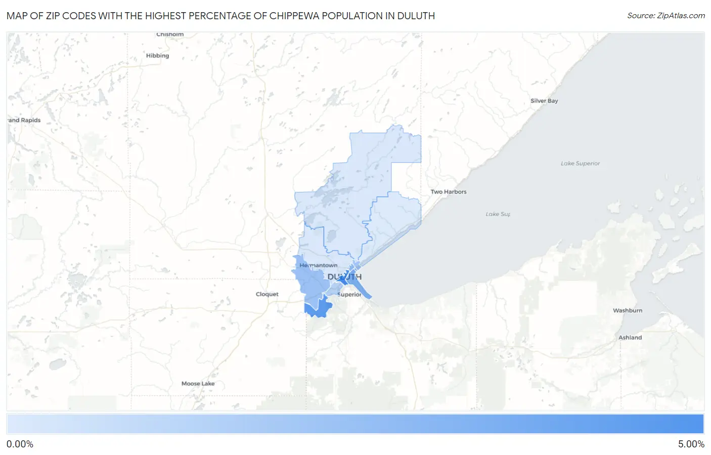 Zip Codes with the Highest Percentage of Chippewa Population in Duluth Map