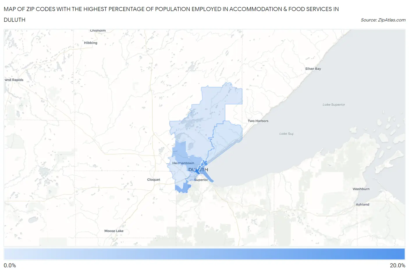 Zip Codes with the Highest Percentage of Population Employed in Accommodation & Food Services in Duluth Map