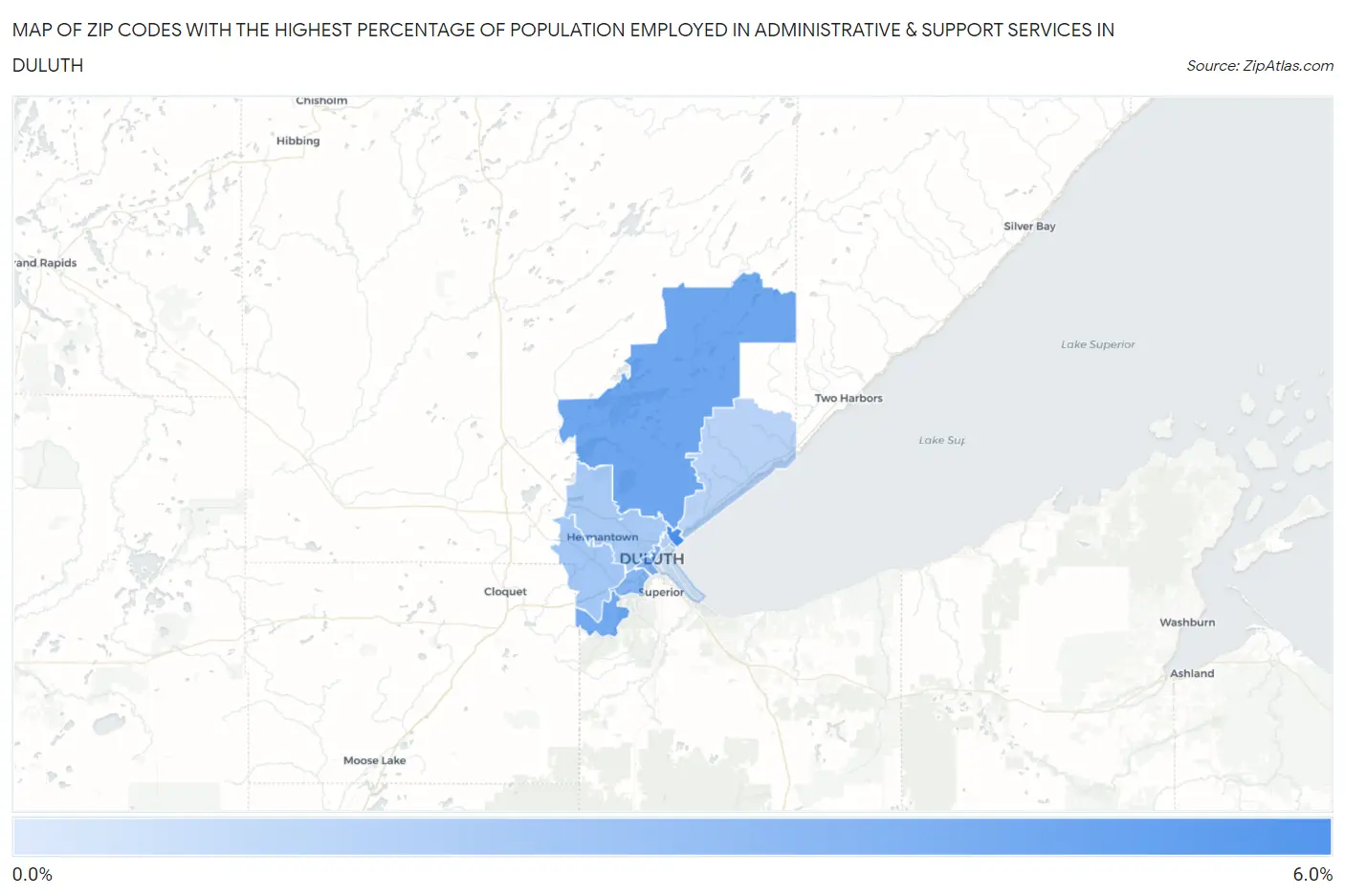 Zip Codes with the Highest Percentage of Population Employed in Administrative & Support Services in Duluth Map