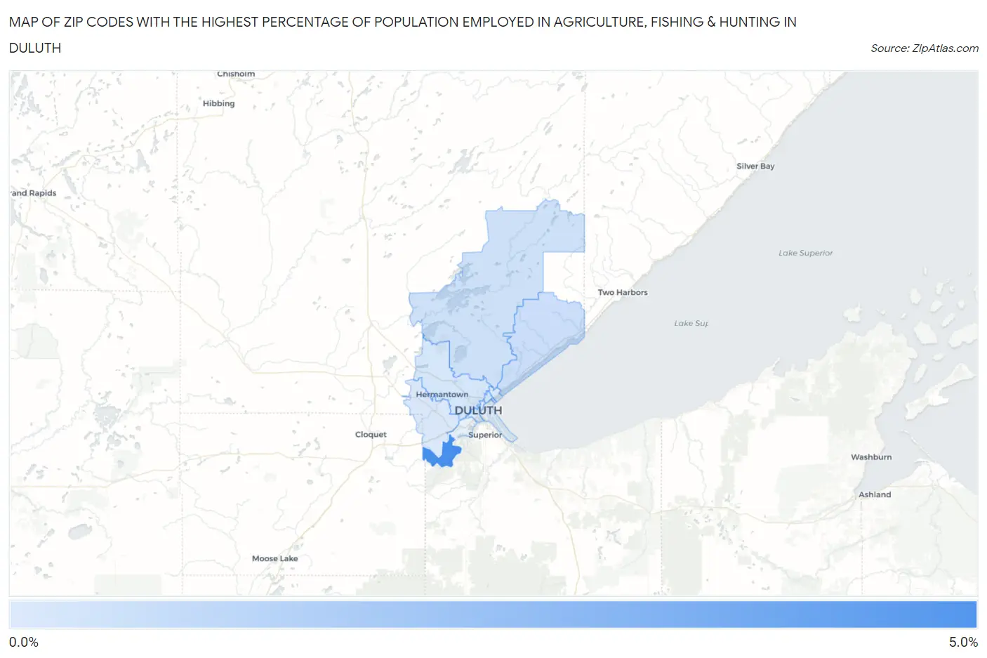Zip Codes with the Highest Percentage of Population Employed in Agriculture, Fishing & Hunting in Duluth Map