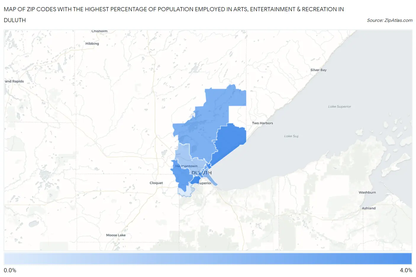 Zip Codes with the Highest Percentage of Population Employed in Arts, Entertainment & Recreation in Duluth Map
