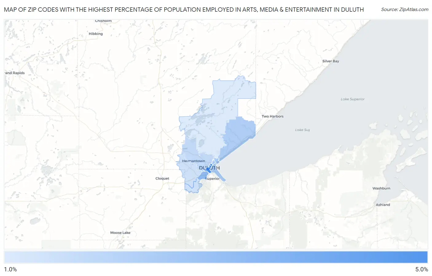 Zip Codes with the Highest Percentage of Population Employed in Arts, Media & Entertainment in Duluth Map