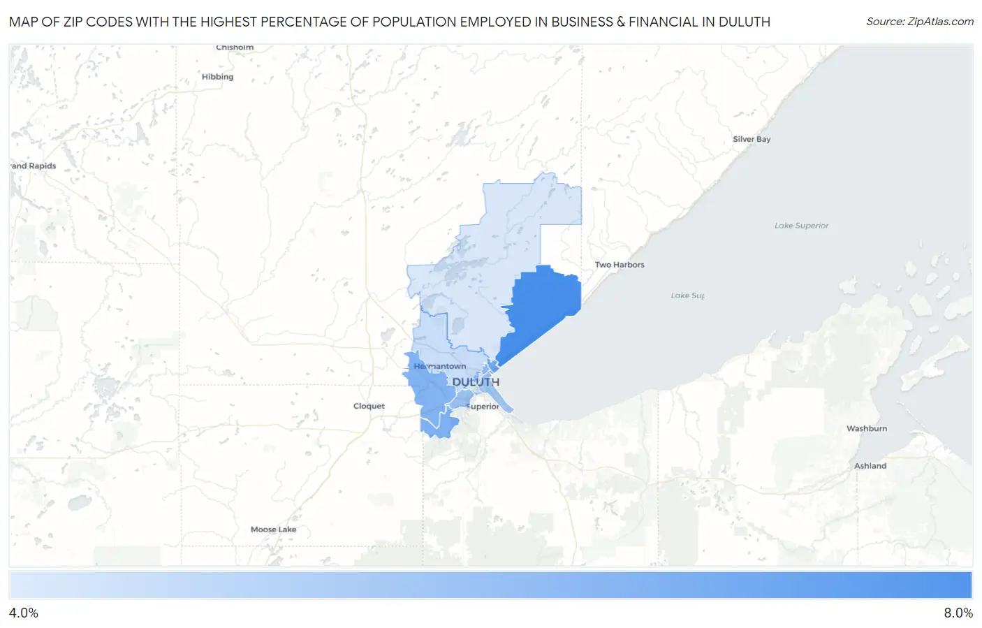 Zip Codes with the Highest Percentage of Population Employed in Business & Financial in Duluth Map