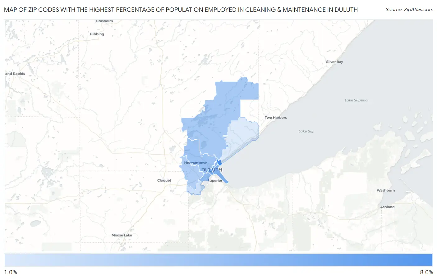 Zip Codes with the Highest Percentage of Population Employed in Cleaning & Maintenance in Duluth Map