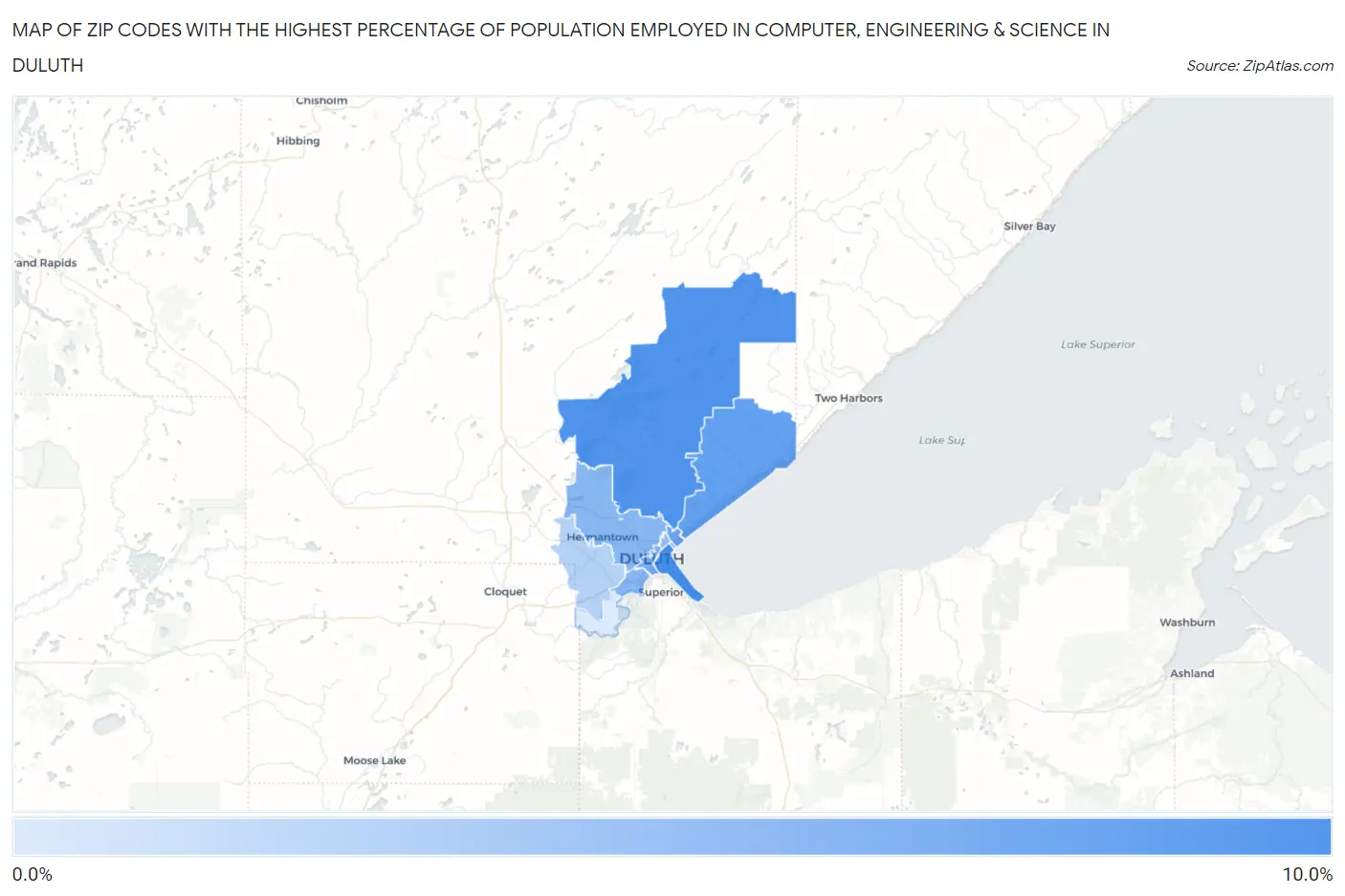 Zip Codes with the Highest Percentage of Population Employed in Computer, Engineering & Science in Duluth Map