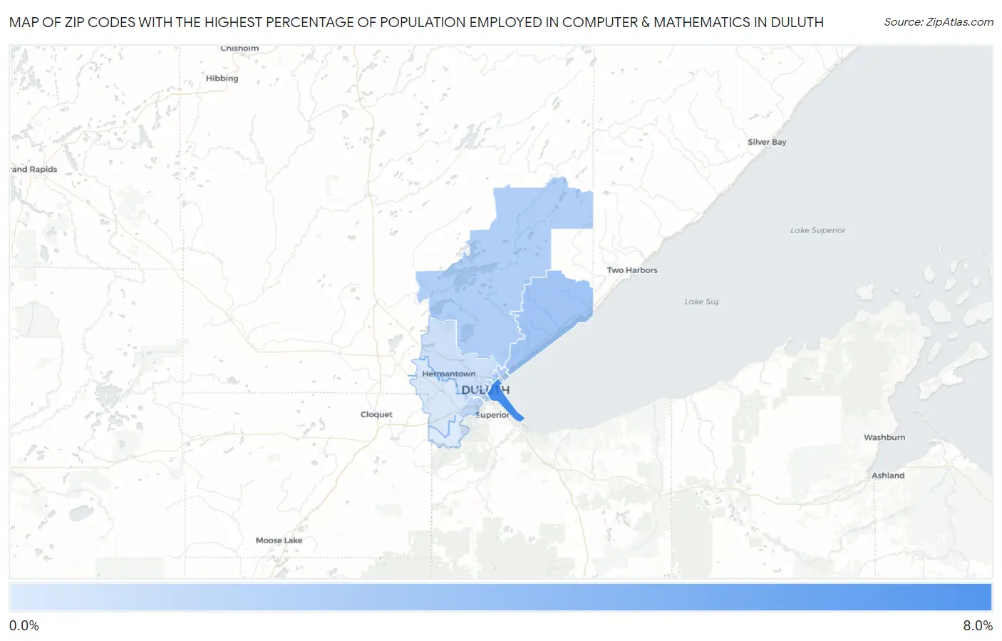 Zip Codes with the Highest Percentage of Population Employed in Computer & Mathematics in Duluth Map