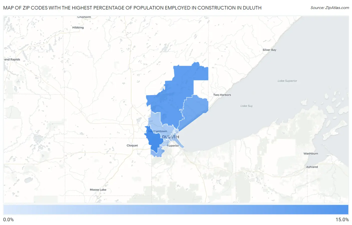 Zip Codes with the Highest Percentage of Population Employed in Construction in Duluth Map