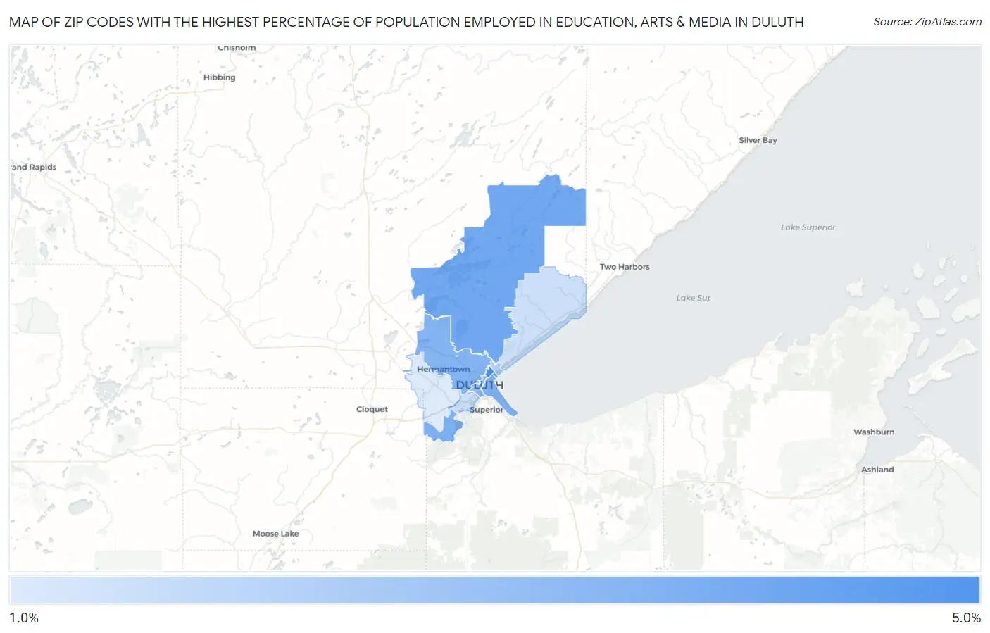 Zip Codes with the Highest Percentage of Population Employed in Education, Arts & Media in Duluth Map