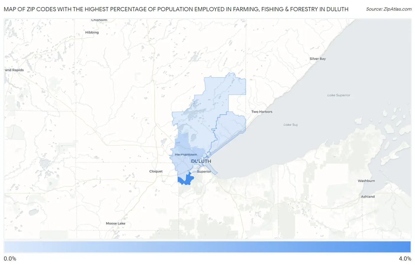 Zip Codes with the Highest Percentage of Population Employed in Farming, Fishing & Forestry in Duluth Map