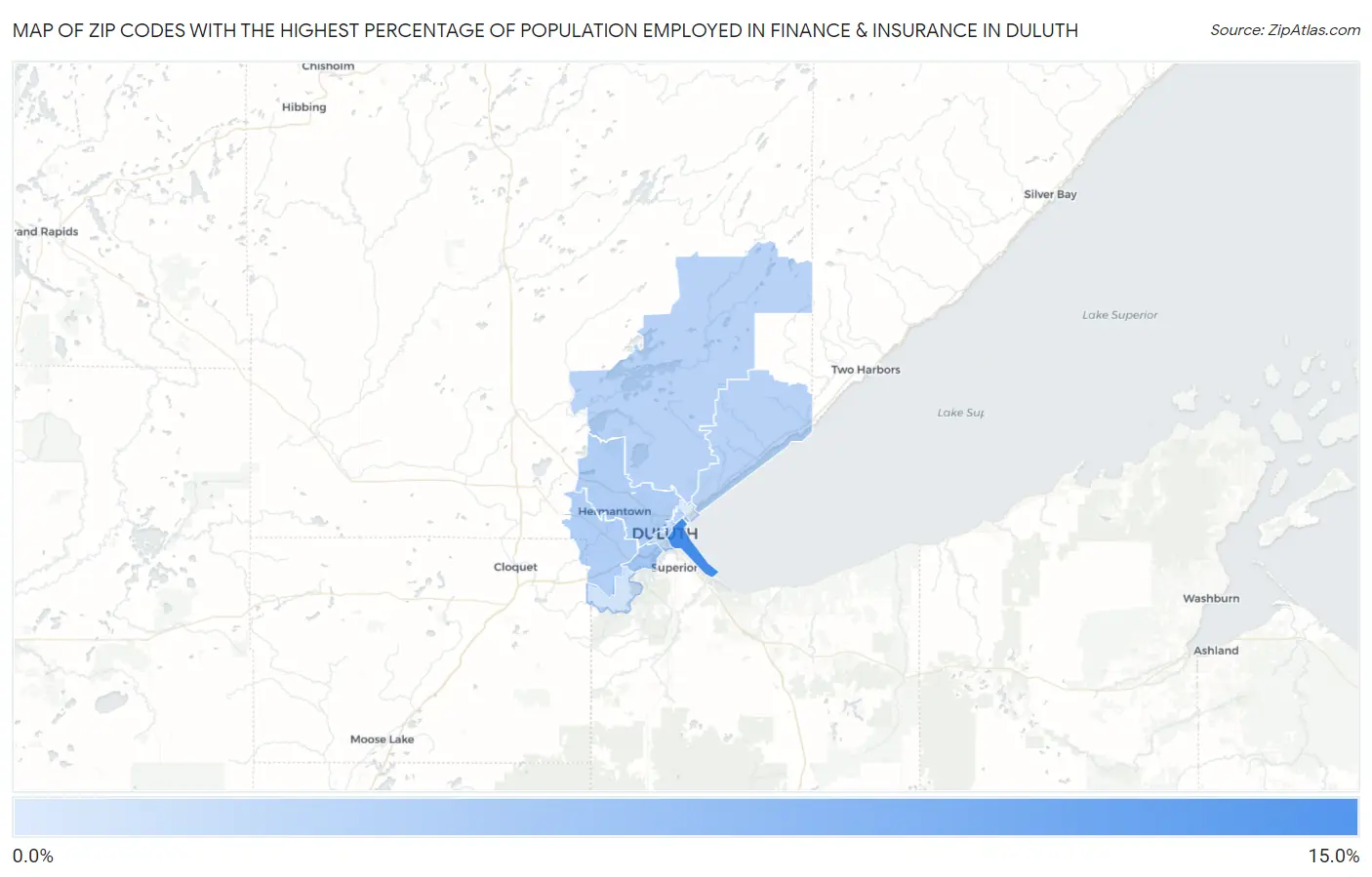 Zip Codes with the Highest Percentage of Population Employed in Finance & Insurance in Duluth Map