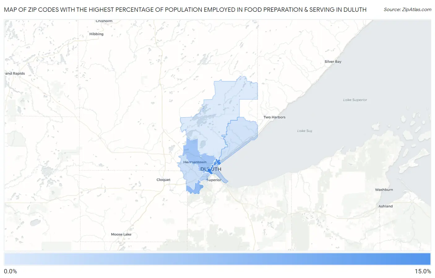 Zip Codes with the Highest Percentage of Population Employed in Food Preparation & Serving in Duluth Map