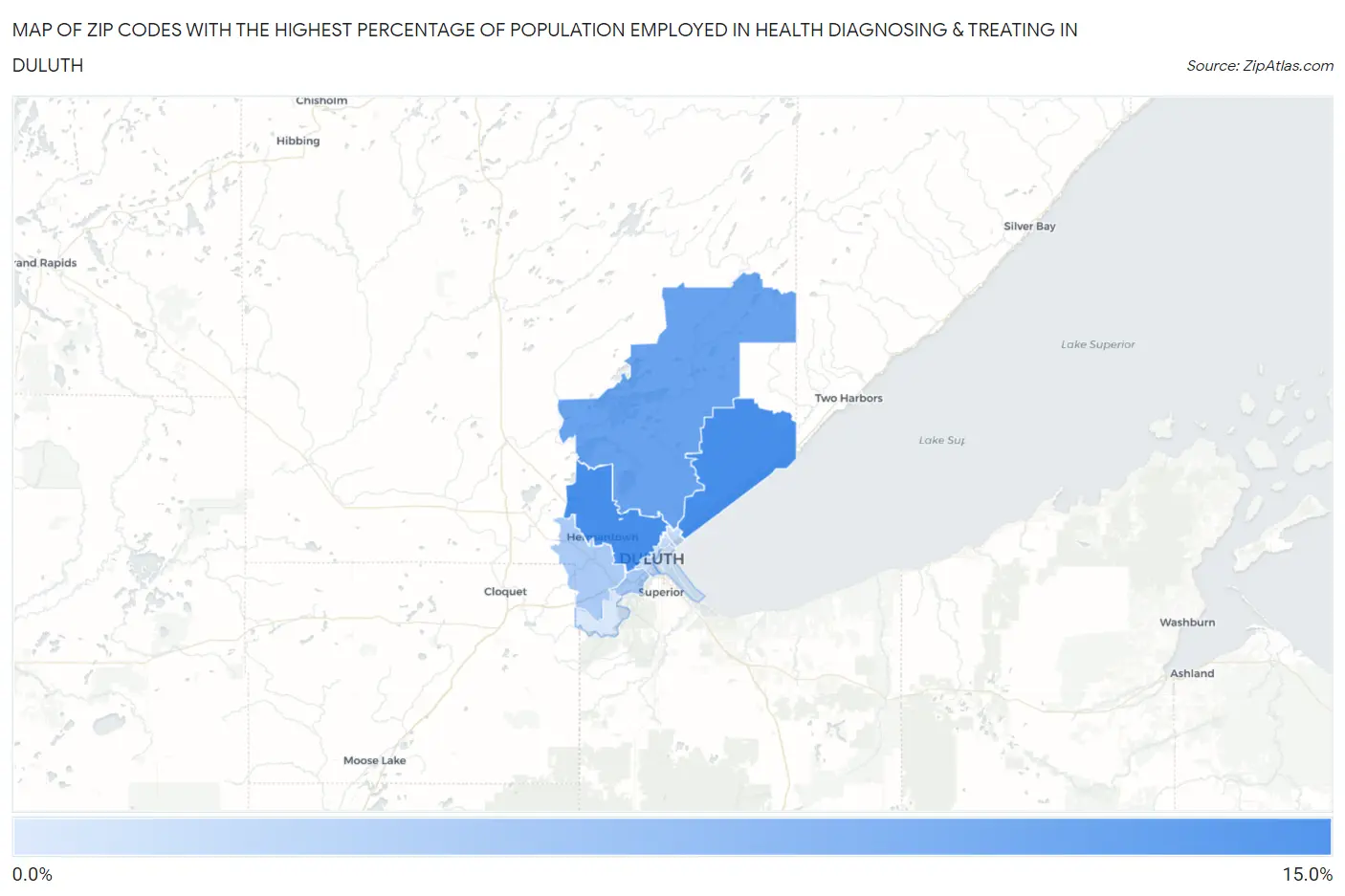 Zip Codes with the Highest Percentage of Population Employed in Health Diagnosing & Treating in Duluth Map
