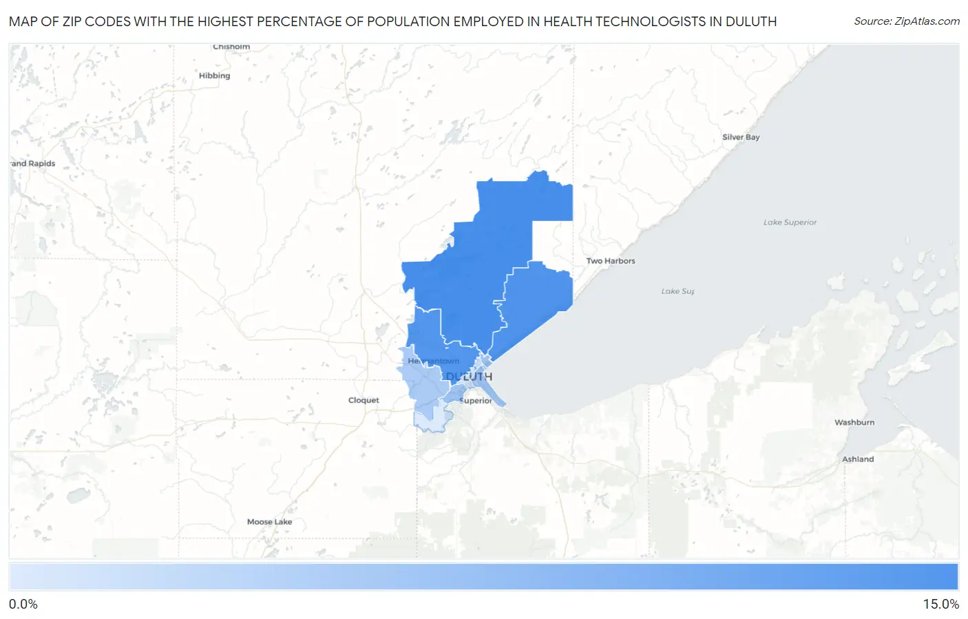 Zip Codes with the Highest Percentage of Population Employed in Health Technologists in Duluth Map