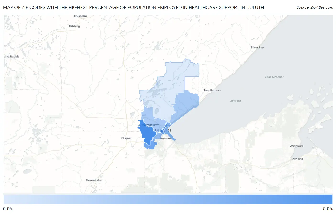 Zip Codes with the Highest Percentage of Population Employed in Healthcare Support in Duluth Map