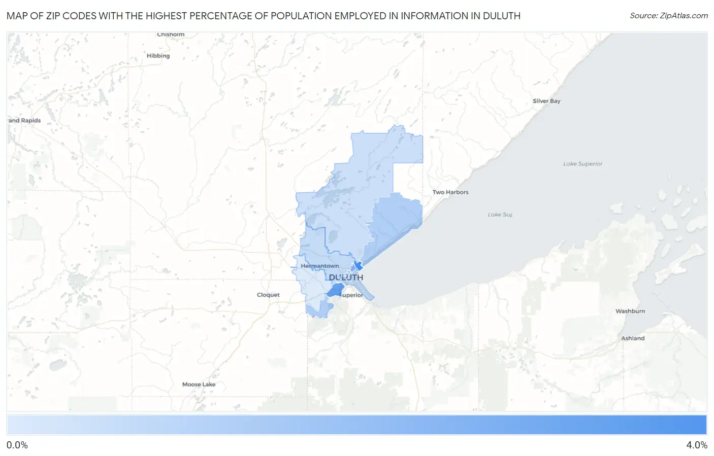 Zip Codes with the Highest Percentage of Population Employed in Information in Duluth Map