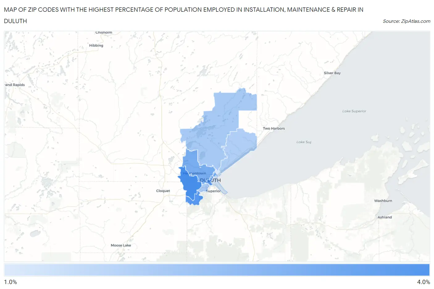 Zip Codes with the Highest Percentage of Population Employed in Installation, Maintenance & Repair in Duluth Map