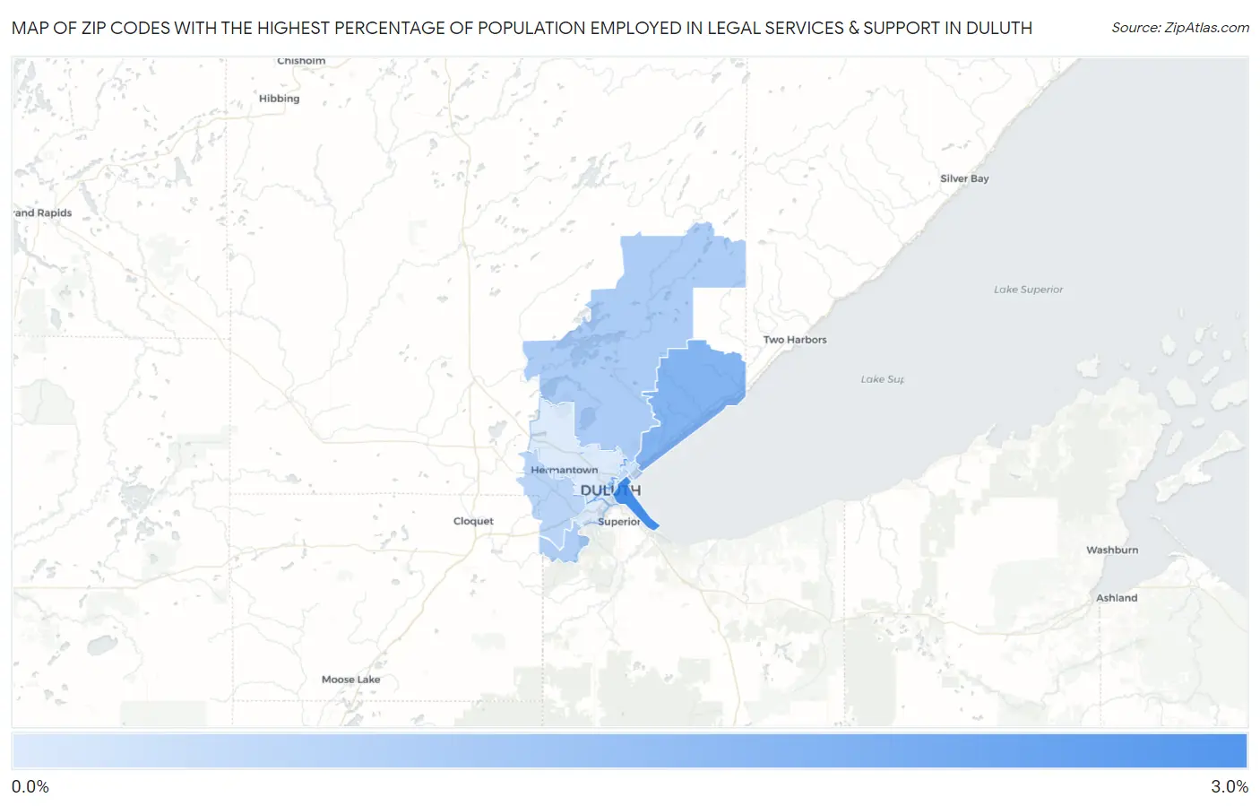Zip Codes with the Highest Percentage of Population Employed in Legal Services & Support in Duluth Map