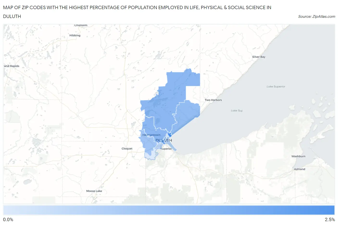 Zip Codes with the Highest Percentage of Population Employed in Life, Physical & Social Science in Duluth Map