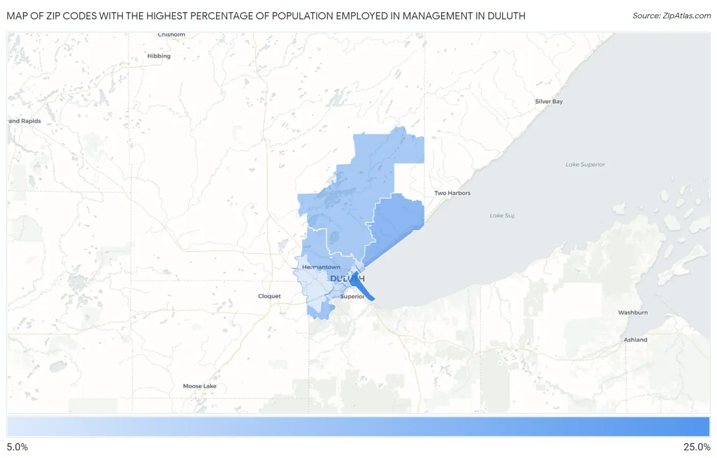 Zip Codes with the Highest Percentage of Population Employed in Management in Duluth Map