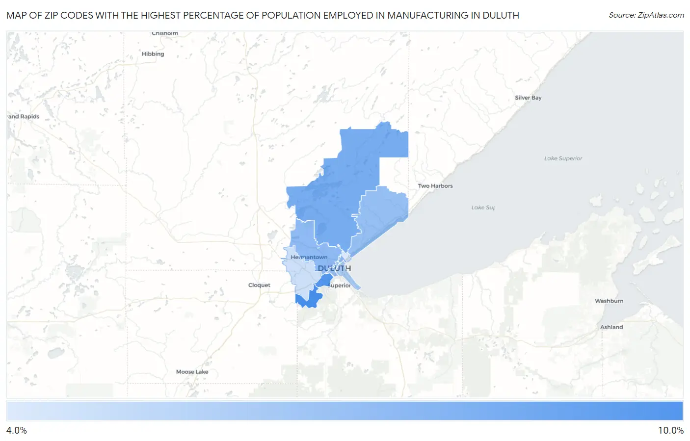 Zip Codes with the Highest Percentage of Population Employed in Manufacturing in Duluth Map