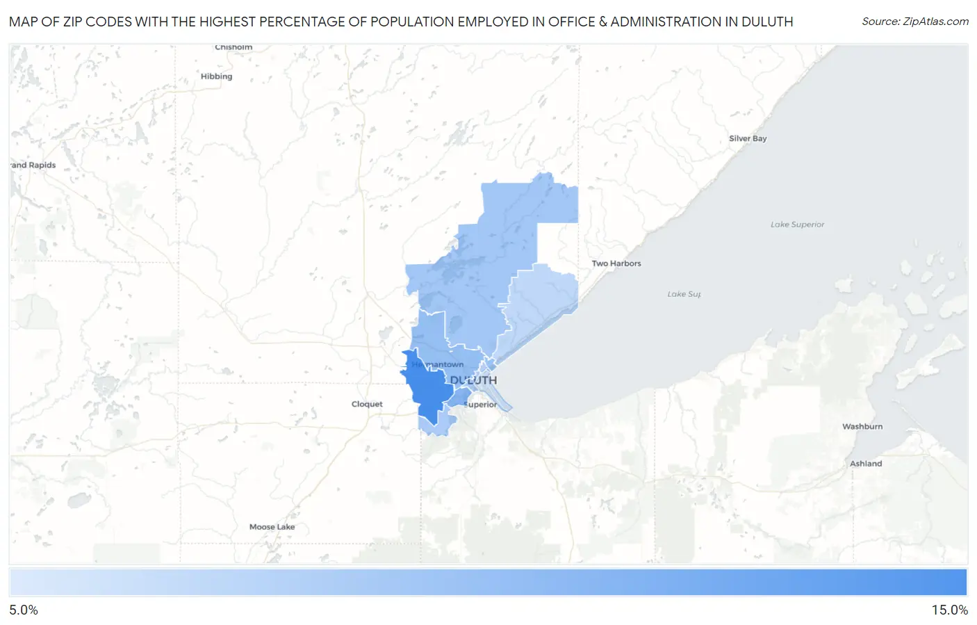 Zip Codes with the Highest Percentage of Population Employed in Office & Administration in Duluth Map