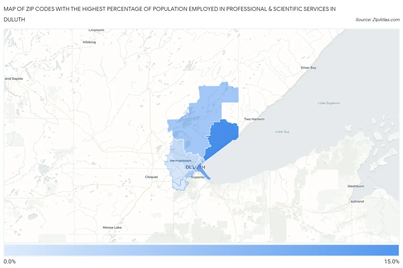 Zip Codes with the Highest Percentage of Population Employed in Professional & Scientific Services in Duluth Map