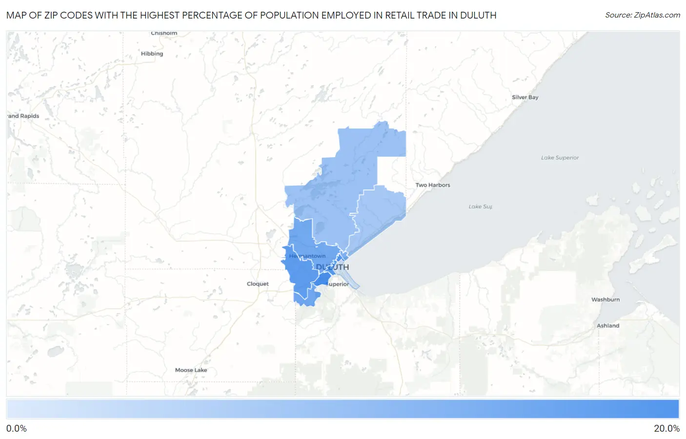 Zip Codes with the Highest Percentage of Population Employed in Retail Trade in Duluth Map