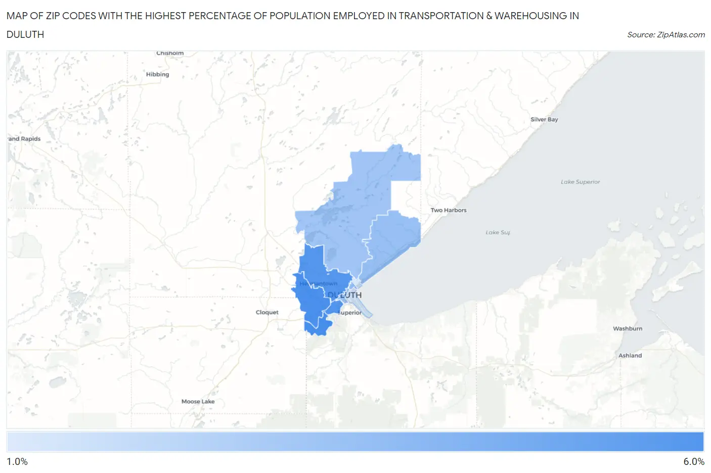 Zip Codes with the Highest Percentage of Population Employed in Transportation & Warehousing in Duluth Map