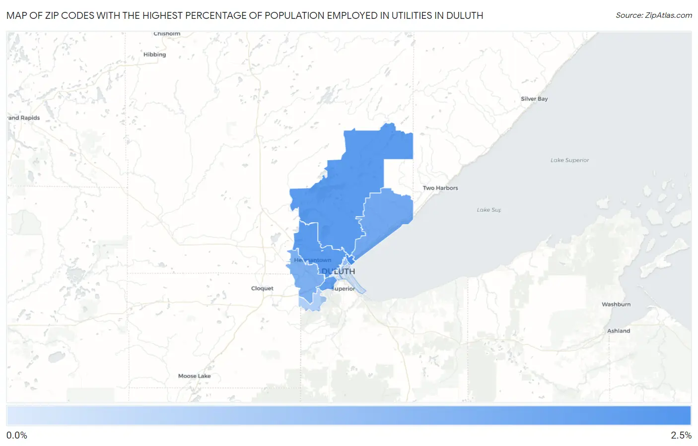 Zip Codes with the Highest Percentage of Population Employed in Utilities in Duluth Map