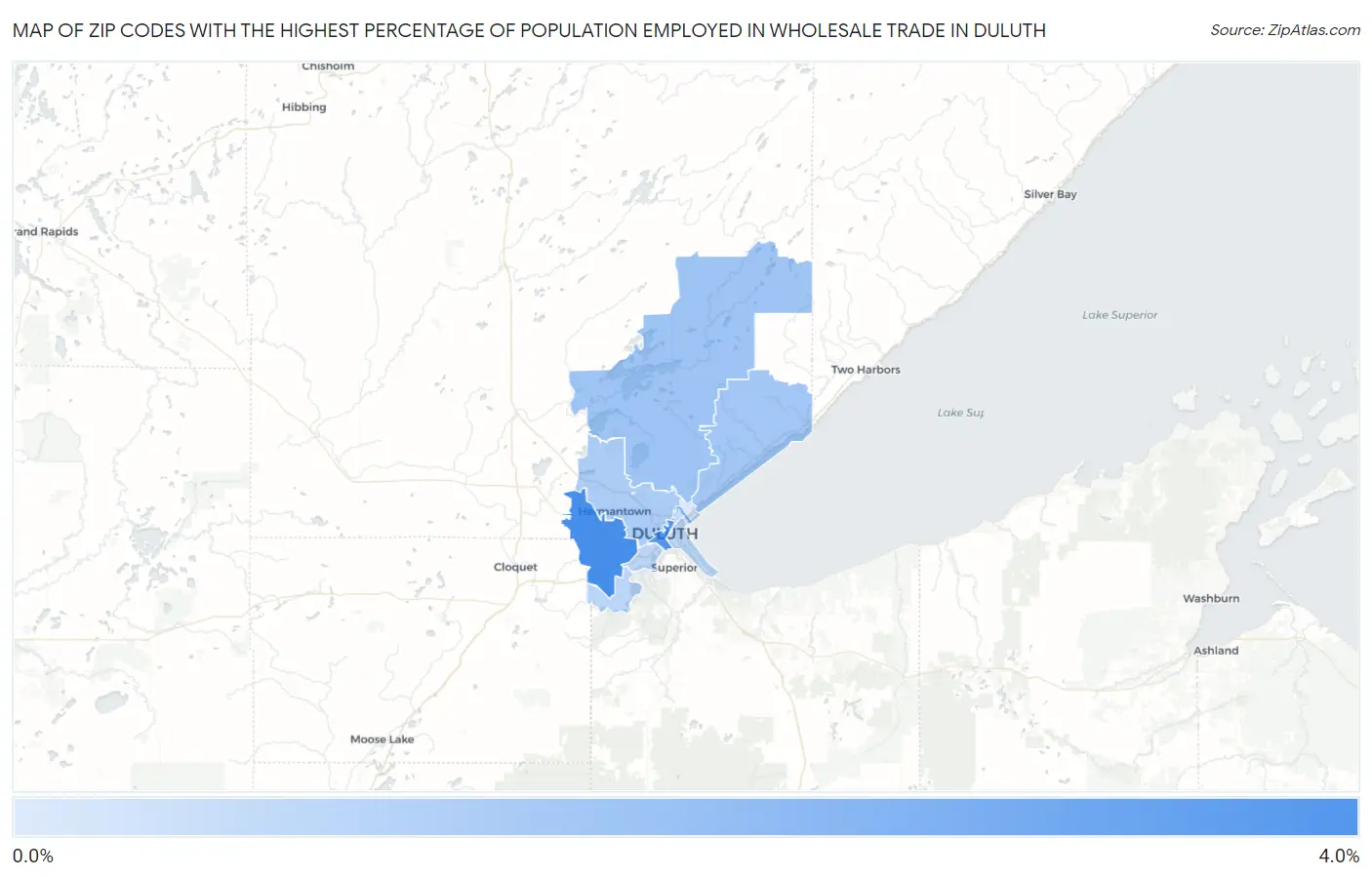 Zip Codes with the Highest Percentage of Population Employed in Wholesale Trade in Duluth Map
