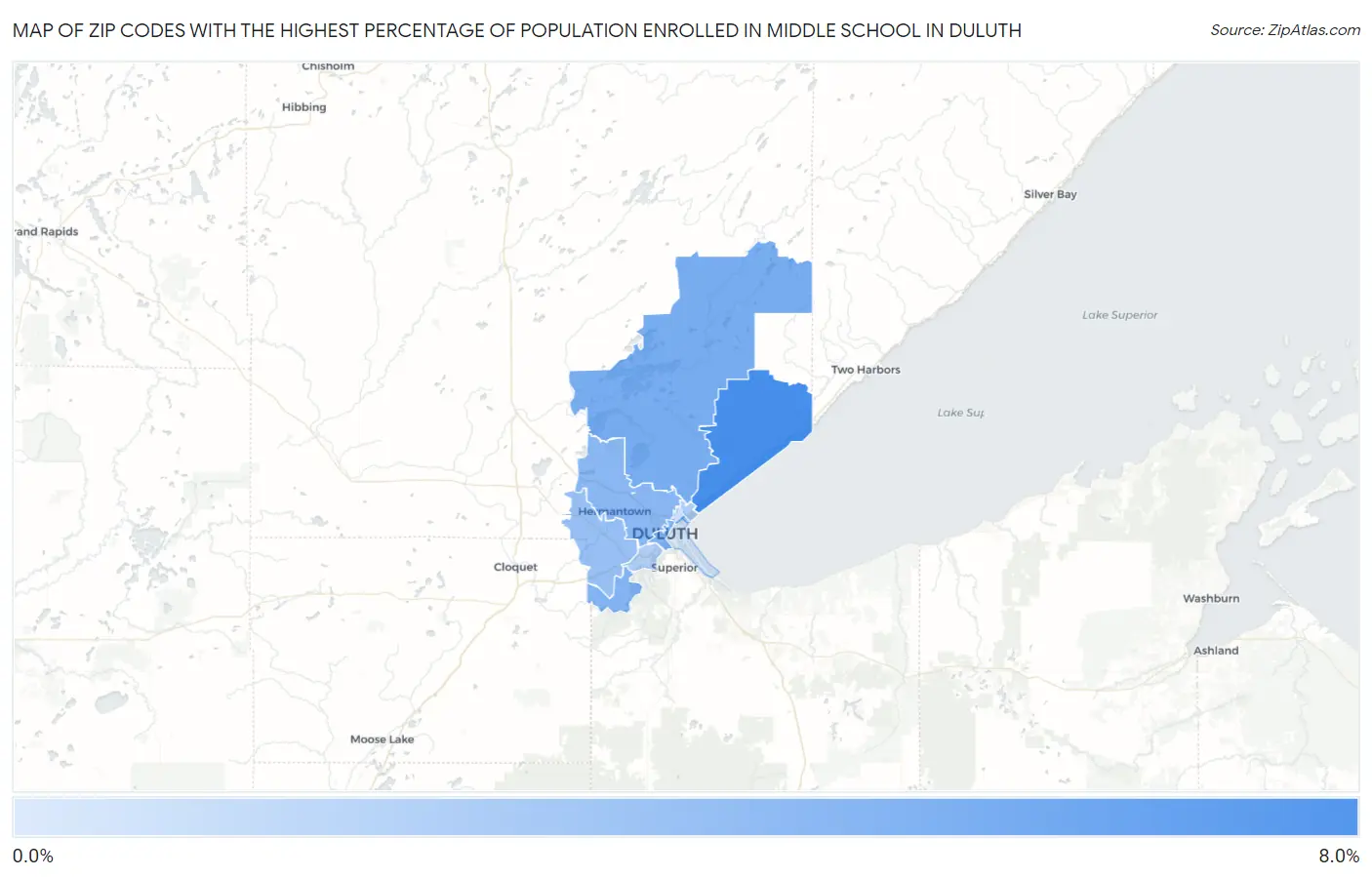 Zip Codes with the Highest Percentage of Population Enrolled in Middle School in Duluth Map