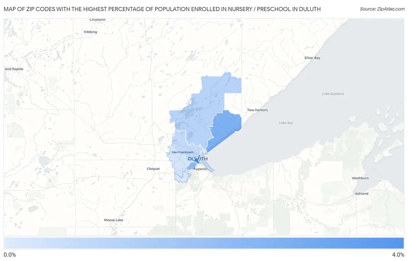 Zip Codes with the Highest Percentage of Population Enrolled in Nursery / Preschool in Duluth Map